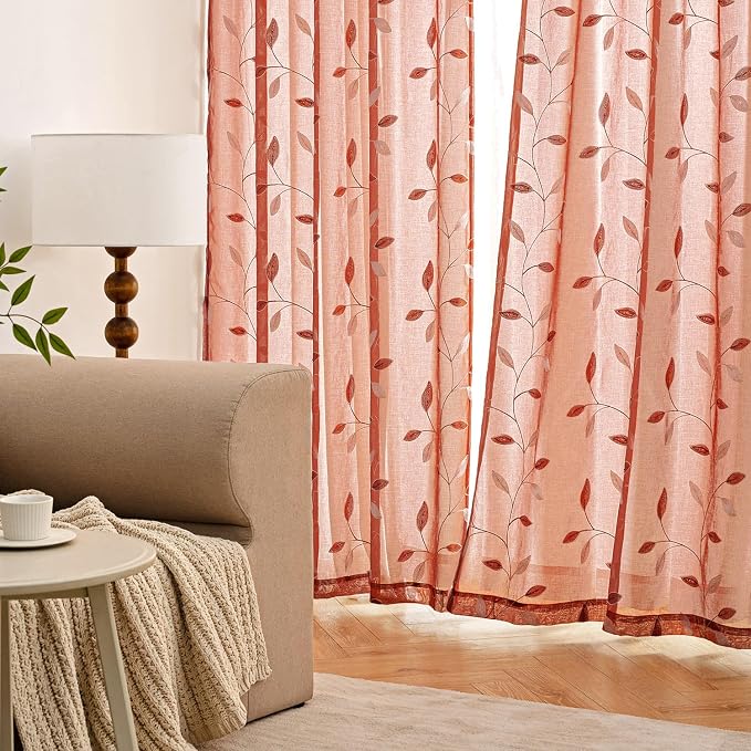 MIULEE Terracotta Sheer Curtains 2 Panels Embroidered Leaf Patterned Burnt Orange Rod Pocket Floral Semi Faux Linen Short Fall Window Drapes Set for Kitchen Living Room Bedroom, 52x45 Inches Length