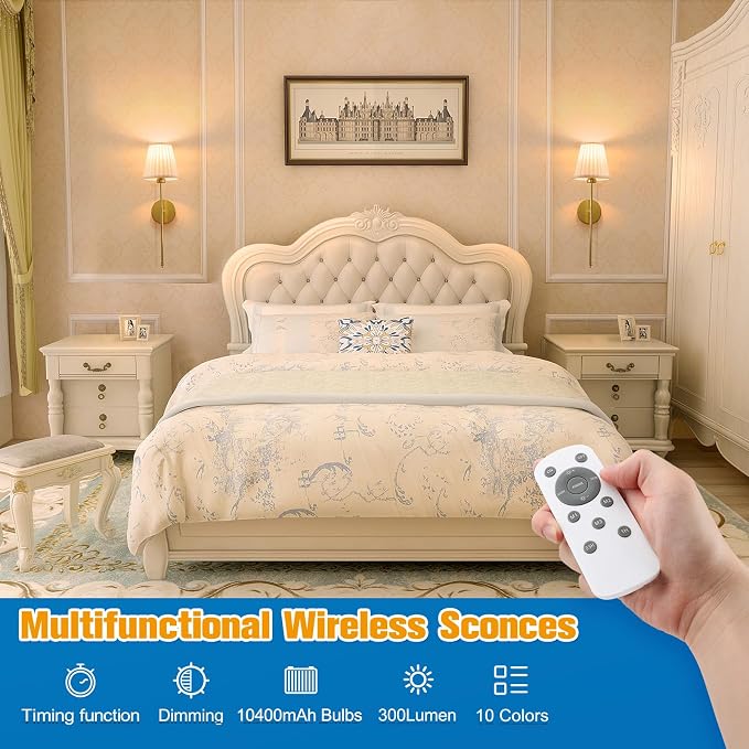 Battery Operated Wall Sconce Set of 2,Beige-Gold Rechargeable Wall Lights with 10400mAh Dimmable Bulbs and Remote, 9 Colors Wireless Wall Lamps for Bedroom Living Room Hallway