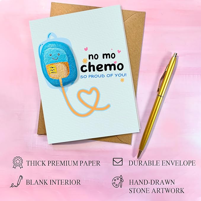 Handmade Pebble “No More Chemo” Card – Cancer Survivor Congratulations Gift – Encouragement Card for End of Chemotherapy – Unique Supportive Keepsake for Friends, Family, or Coworkers