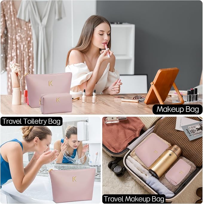 Women Gifts | Initial Makeup Bag for Girl Personalized Gifts for Bridesmaid Friend PU Leather Cosmetic Travel Toiletry Bag(Pink,K)