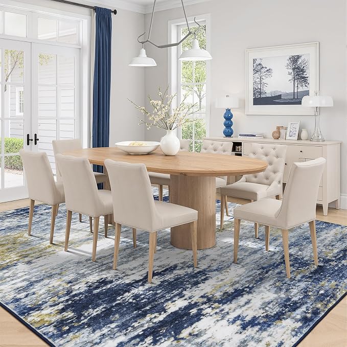 9x12 Area Rug for Living Room, Abstract Washable Large Rugs, Dark Blue | Neutral Carpet for Bedroom, Dining Room, Home Office, Nursery,Indoor, Stain Resistant, Non-Slip, Low Pile, Modern Rug