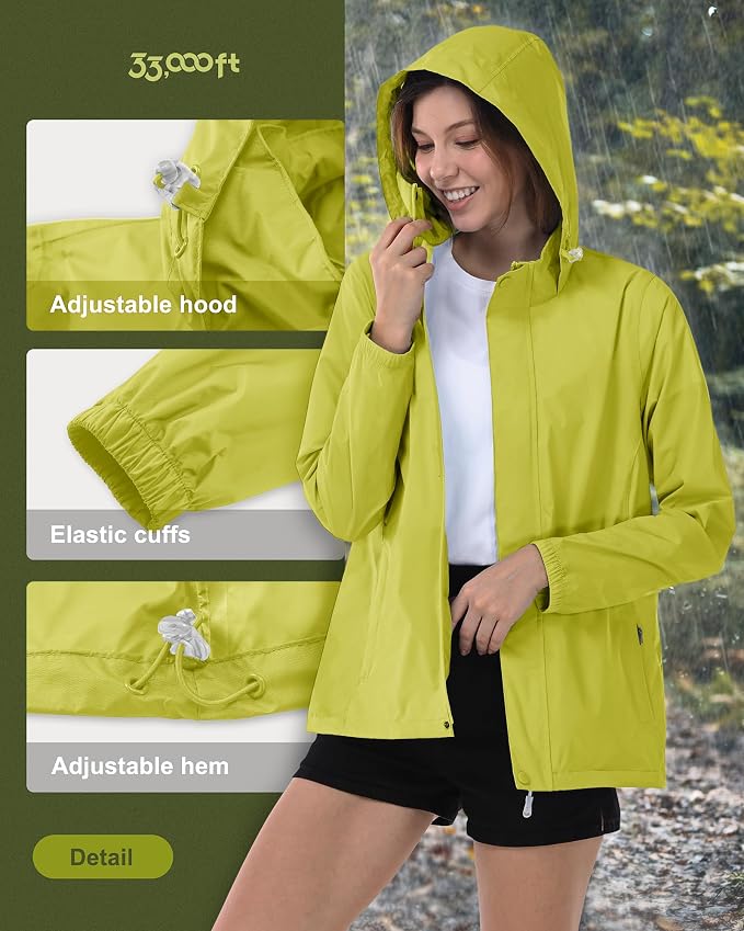 33,000ft Women's Rain Jacket Waterproof Lightweight Packable Raincoat with Hood for Golf Hiking Travel Windbreaker
