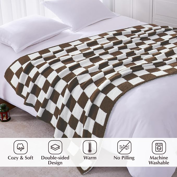 Soft Checkered Throw Blanket for Couch-Cozy Warm Knitted Blankets | Lightweight Warm Fluffy Decor for Women, Mom, Her & Girls, Sofa, Chair, Bed, 50x70in, Coffee