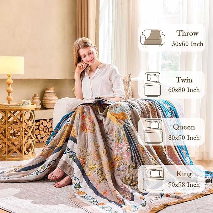 XIBLC Boho Blanket, 100% Cotton Farmhouse Decorative Throw Blanket, 60"x80" Reversible Bohemian Throw Blanket, Brown All Season Muslin Breathable Woven Blankets Quilt