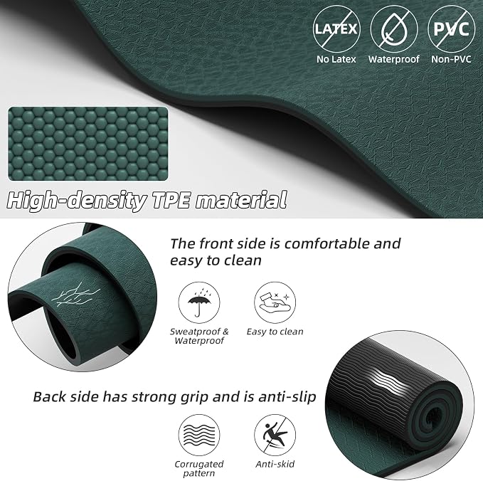 Large Exercise Mat | 10mm Thick TPE Non-slip Gym Mats, Carrying Strap