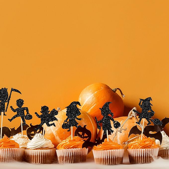 Gyufise 24Pcs Halloween Cupcake Toppers Black Glitter Trick or Treat Halloween Cupcake Pick Decorations for Baby Shower Kids Boys Girls Birthday Party Cake Decorations Supplies
