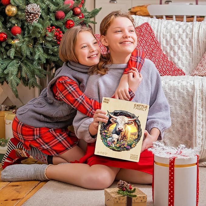 Wooden Puzzles for Adults - Cattle Family Wooden Jigsaw Puzzle, Unique Animal Shaped Wood Puzzles Adult, Christmas Birthday Gifts for Friends/Family, Home Decor 11.4 * 11.4in 200pcs