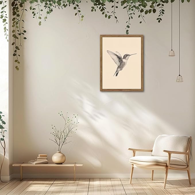 Vintage Framed Wall Art, Birds Canvas Prints, Hummingbird Sketch Painting Picture, Neutral Farmhouse Artwork Wall Decor for Living Room Bedroom – Dark Wooden Frame 8x10in