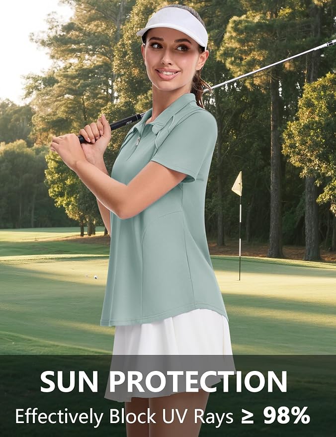LOMON Womens Golf Polo Shirt Summer Short Sleeve Quarter Zip Outfit | Side-Pockets,Princess Seams,Cotton,Wrinkle Free,Moisture Wicking,Quick-Dry,Lightweight,Collared,for Tennis Workout
