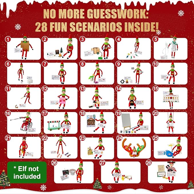 28-Day Christmas Elf Kit with 28 Fun Elf Scenes, Christmas Elf Adventure Kit 2025 Elf Box Kit Elf Helper Kit with Elf Props & Elf Accessories Kit for Christmas Countdown Ideas Kit