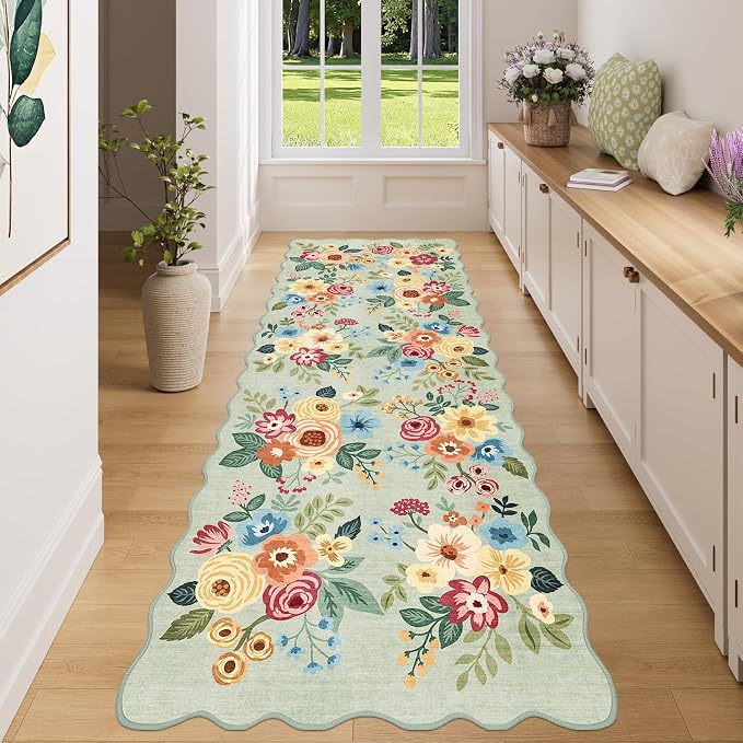 DUKINO 3x8 Kitchen Runner Rug, Soft Floral Washable Rug for Hallway, Green | Low Pile, Stain Resistant Throw Rug Runner for Entryway, Bedroom, Bathroom, Laundry, Pet Friendly, Modern Home Decor