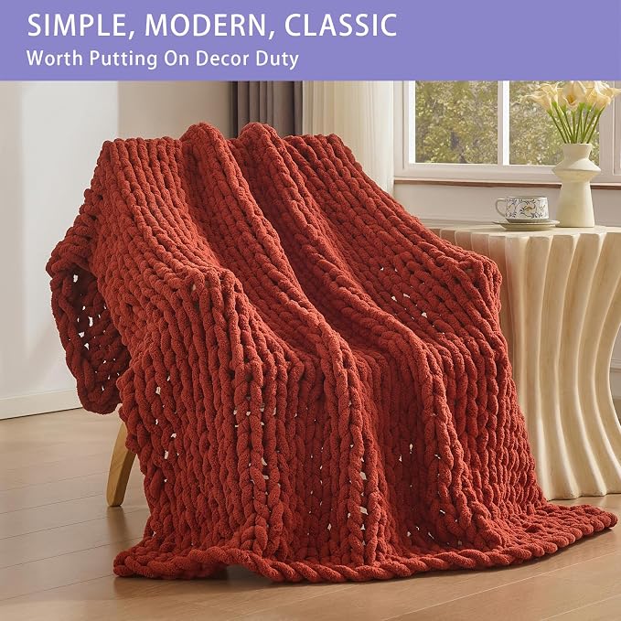 Bigacogo Chunky Knit Throw Blanket for Couch, 51x63 inches, Rust Red | Hand Knit with Jumbo Chenille, Soft Breathable Cable Knit for Sofa Bed Living Room, Machine Washable, Gift for Mom Friend