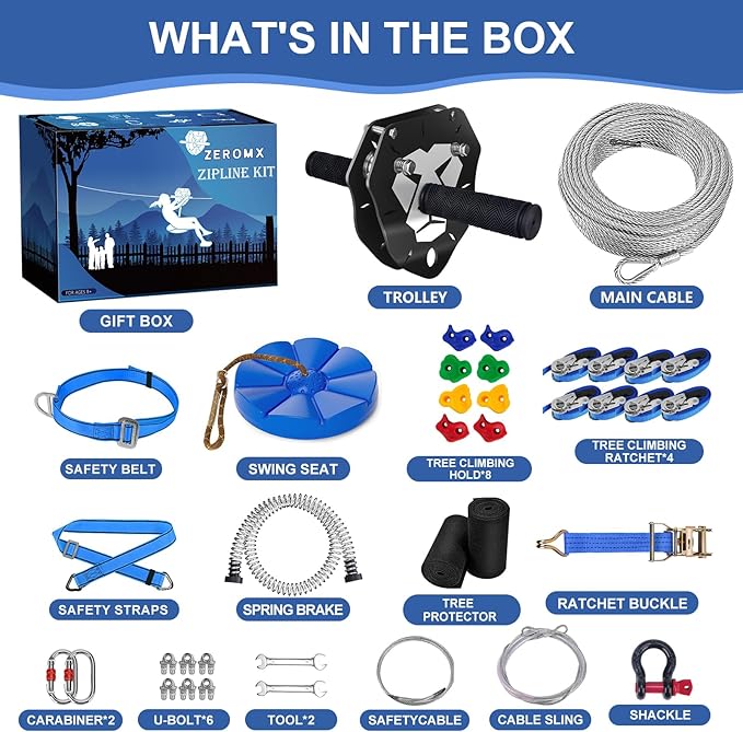 160FT Zip Line Kit for Kids & Adults, Up to 360 lbs - Updated Removable Trolley, Thickened Seat, Safety Harness, Quick Tighten - Backyard Outdoor Zipline with Tree Climbers, Christmas Birthday Gift