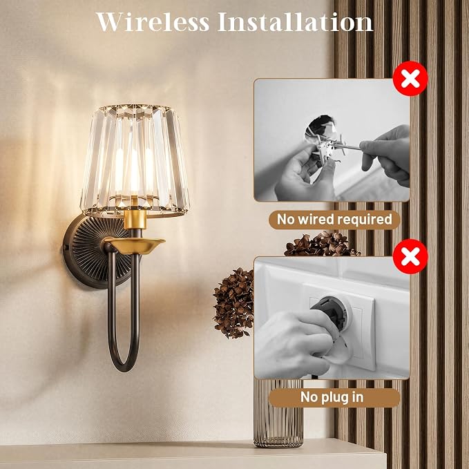 Black and Gold Battery Operated Wall Sconces Set of Two, Crystal Wireless Rechargeable Wall Lights with Remote, Dimmable 3 CCT and 12 RGB Cordless Wall Lamps for Bedroom Living Room Decor