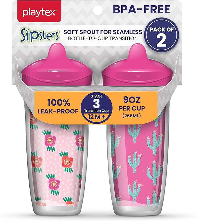 Playtex Baby Sipsters Hard Spout Sippy Cup for 12+ Months, 9 Ounce (2 Count), Pink Rose & Cactus Design, Insulated Toddler Water Bottle for Kids, Spill-Proof Cups for Toddlers 1-3, Stage 3