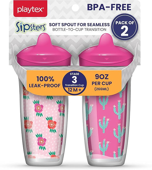 Playtex Baby Sipsters Hard Spout Sippy Cup for 12+ Months, 9 Ounce (2 Count), Pink Rose & Cactus Design, Insulated Toddler Water Bottle for Kids, Spill-Proof Cups for Toddlers 1-3, Stage 3