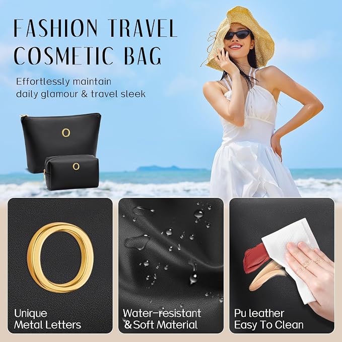 Women Gifts | Initial Makeup Bag for Girl Personalized Gifts for Bridesmaid Friend PU Leather Cosmetic Travel Toiletry Bag(Black,O)