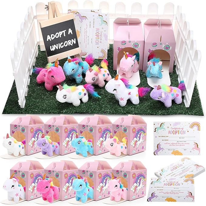 84 Pcs Adopt a Pet Party Favors 24 Mini Plush Stuffed Animals 10 White Plastic Fence 24 Paper Gift Boxes 24 Adoption Cards with Mini Chalkboard and Artificial Lawn(Unicorn)
