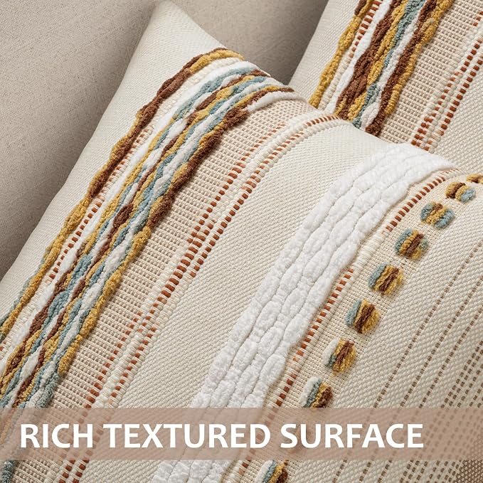 ANRODUO Decorative Boho Pillow Covers Orange White 18x18 Inch Pack of 2 | Throw Pillow Covers, Farmhouse Striped Pillow Covers, Chenille Tufted Pillow Cases, Neutral Pillowcase for Living Room Couch