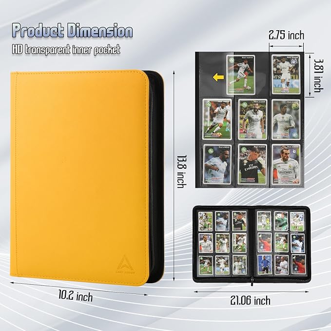 Arkeiliy Card Binder 9 Pocket, Double Sided Pockets Trading Card Binder with 30 Sleeves, Premium Zip Trading Card Holder Collector Album Holds 540 MTG (yellow)