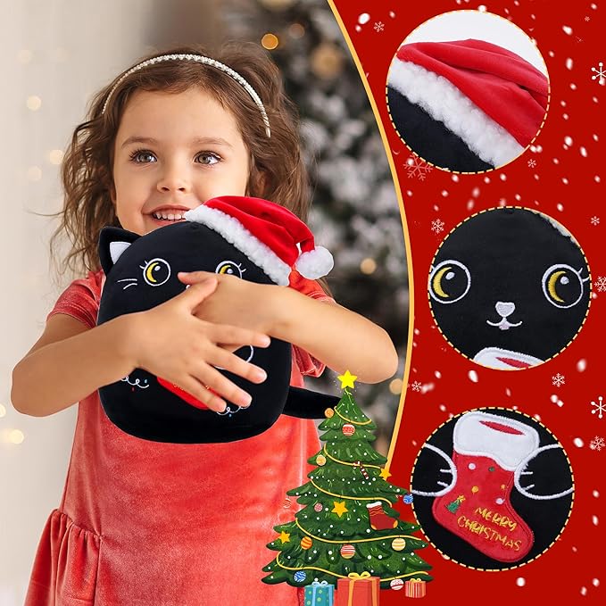 Christmas Cat Stuffed Animal: 8-Inch Cute Black Cat Plush Toy with Santa Hat and Christmas Stocking Soft Plushies Pillow, Holiday Birthday Decoration Gifts for Kids Girls & Boys (8-Inch)