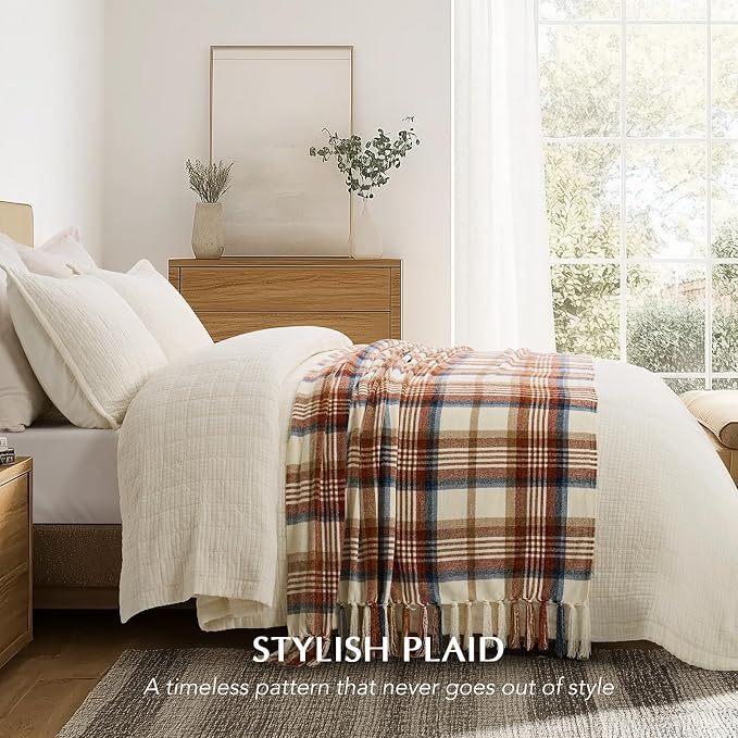 Plaid Chenille Fall Throw Blanket, 50"x60", Harvest Plaid | Super Soft Knit Throw with Tassels, Cozy, Decorative Rustic Farmhouse Decor for Autumn, Ideal for Couch Bed Sofa Gift
