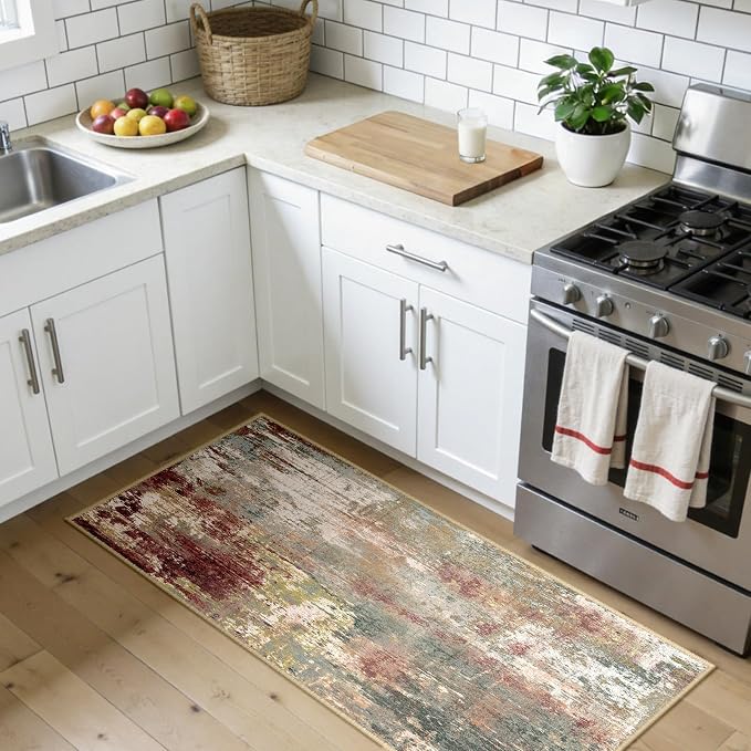 RELEANY Washable 2'x5' Abstract Area Rug for Living Room Rustic Brown | carpet for bedroom, kitchen, office, hallway and entryway, printed pattern, non-slip, soft, stain-resistant, easy to clean
