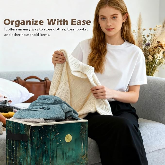 Dark Enchanted Forest Full Moon Storage Box Bins, Mystical Moonlit Night Forest Collapsible Storage Basket Organizer for Bedroom Laundry Room Home Clothes Books, Decor for Room