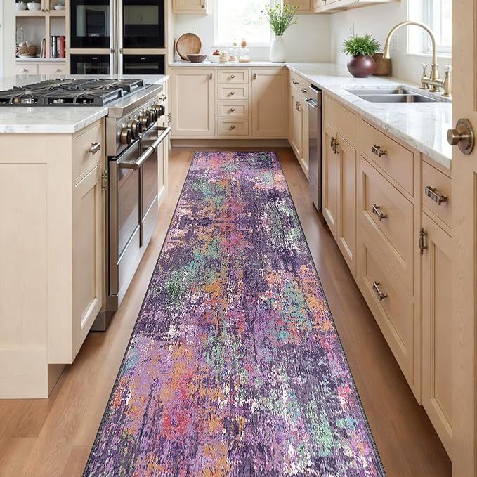 RELEANY Washable Runner 2'x8' Abstract Area Rug for Hallway Purple Multi | carpet for kitchen, entryway, bathroom, living room, bedroom, printed pattern, non-slip, soft, stain-resistant, easy to clean