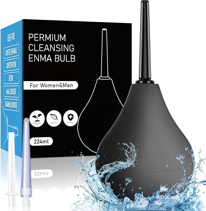 Enema Bulb Mens Anal Douche - 8 oz Reusable Clean Douche Enema Kit for Men with 3 Replaceable Nozzle ，Reusable Anal Cleaner Enema Bulb (Black,3 Piece Set)
