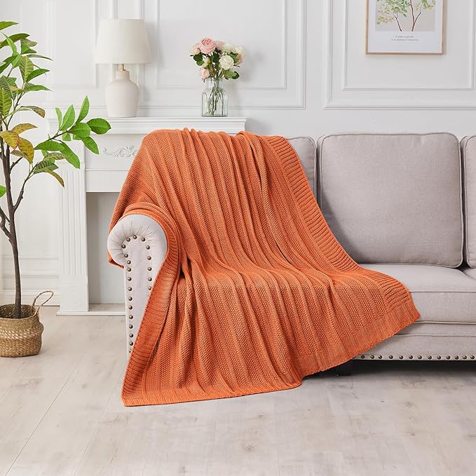Douceur Rust Orange Throw Blanket for Bed, Soft Cozy Lightweight Stripe Pattern Knitted Throw Blanket for Sofa, Living Room Gift, 60"X80"