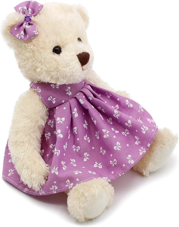 Small Baby Teddy Bear with Cloth Cute Stuffed Animal Soft Plush Toy 10" (Polka dot Purple Dress)