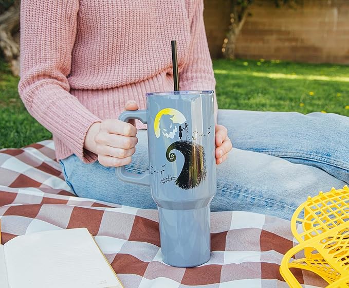 Silver Buffalo Disney Nightmare Before Christmas Featuring Oogie Boogie, Jack Skellington, and Sally Double Walled Stainless Steel Tumbler with Handle and Straw, Fits in Standard Cup Holder, 40 Ounces