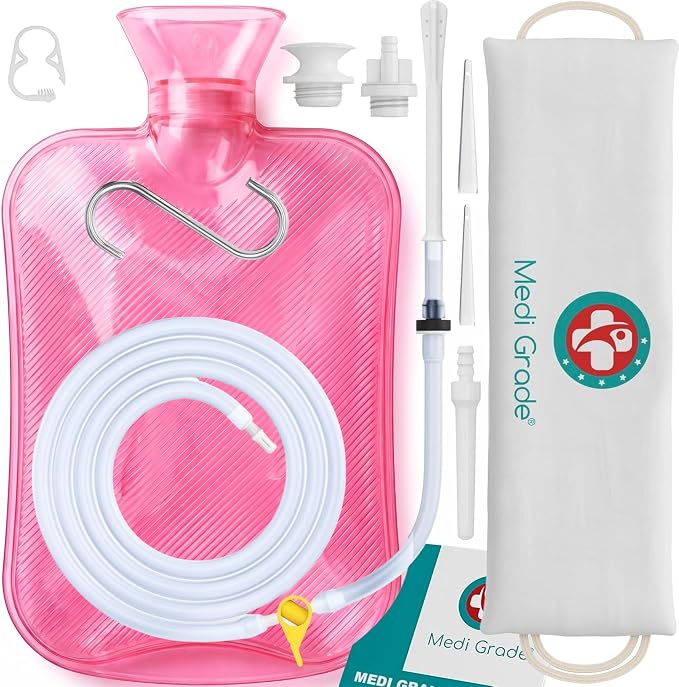 Medi Grade Enema Kit for Adults, 2L Capacity - Pink Transparent, Hands-Free with One-Way Valve, 4 Tips, Enema Bag - Enemas for Colon Cleanse for Women and Men - Coffee Enema & Colon Cleansing