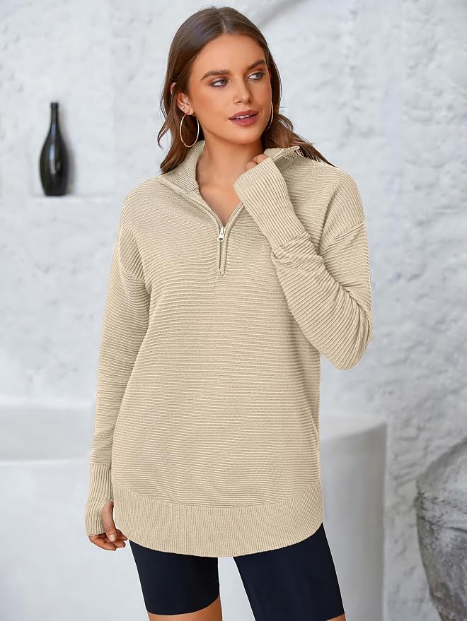 PRETTYGARDEN Womens Long Sleeve Quarter Zip Pullover Sweater Casual Loose V Neck Collared Ribbed Knit Jumper Tops Thumb Hole