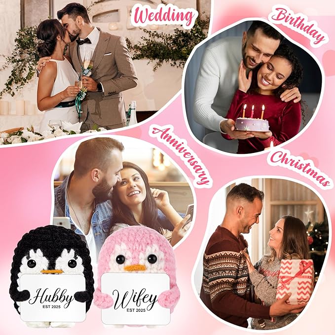 QUPT Wedding Gifts for Couples, Hubby & Wifey EST 2025 Wedding Penguin Doll Set, Bridal Shower Gifts for Bride and Groom, Newly Married Anniversary for Him Her, Penguin Doll Mr and Mrs Present