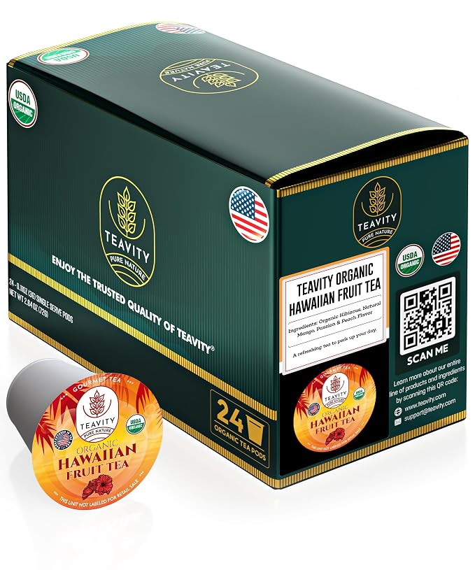 Organic Hibiscus Sabdariffa Tea Pods with Peach, Mango, & Passionfruit - Naturally Decaf Tea - Hawaiian Fruit Tea by Teavity (24 Tea Pods)