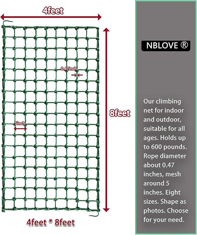 Outdoor & Indoor Premium Climbing Net - 8 Sizes Polyester Fiber. Easy Install with Extras. Handcrafted & Practical. Ideal Gift. (4ft x 8ft)