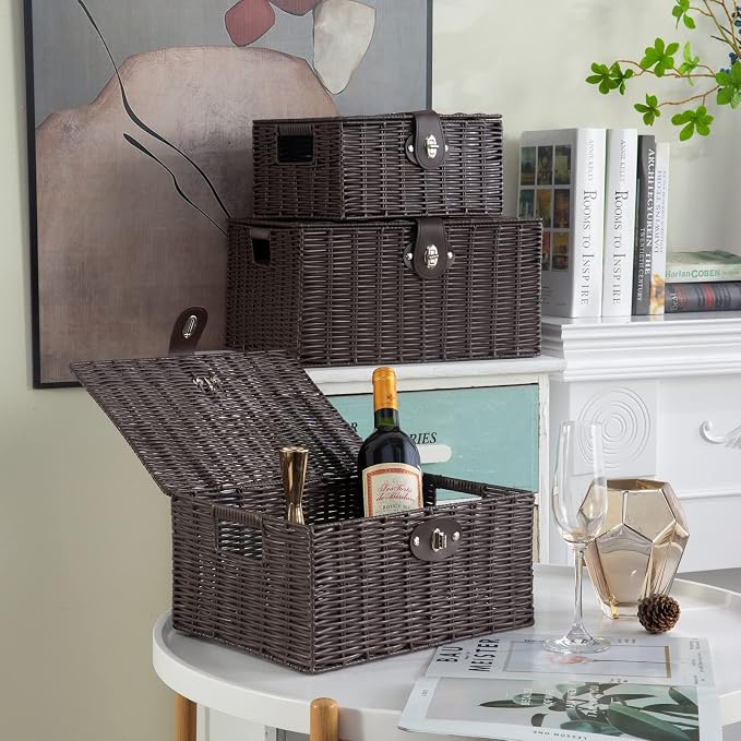 Set of 3 Woven Wicker Storage Basket Box with Lids & Lock, Built-in Carry Handles, Multifunctional Storage Organizer for Nursery, Baby, Clothes, Toys, Books, Large/Medium/Small Size (Brown)