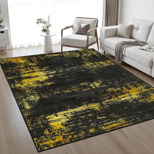 5x7 Area Rug Living Room Rug: Washable Modern Abstract Soft Thin Rug Indoor Floor No Slip Carpet for Bedroom Dining Room Farmhouse Nursery Home Office - Dark Black Gold