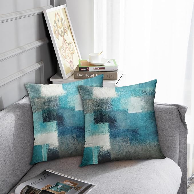 Emvency Throw Pillow Covers Set of 2, 18 x 18 Inch, Turquoise White Gray | Teal Painting Outdoor Decorative Square Pillow Cases Couch Cushion Case for Couch Bed Sofa Living Room Home Decor