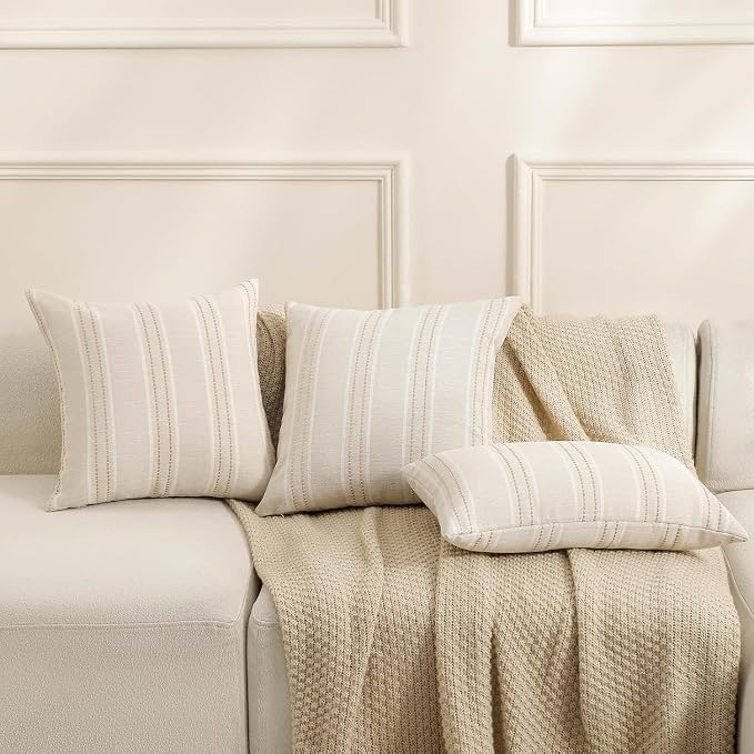 Hckot Stripe Throw Pillow Covers 12x24 Lumbar Khaki Farmhouse Pillow Covers | Modern Decorative Pillows Textured Linen Cushion Covers for Sofa Couch Bed Living Room Decor