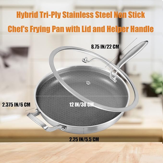 Inqibee 12 Inch Hybrid Nonstick Chef's Pan with Lid | Tri-Ply Stainless Steel Skillet for Meals, Honeycomb Scratch Resistant Surface, Induction Cooking Pan, Dishwasher & Oven Safe