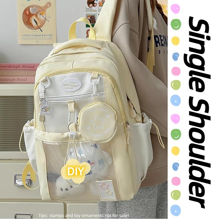 Kawaii Backpack Double Shoulder Bag with Cute Star Removable Pouch Clear Pocket Large Capacity Dopamine Colors Daypack (Clear Yellow)