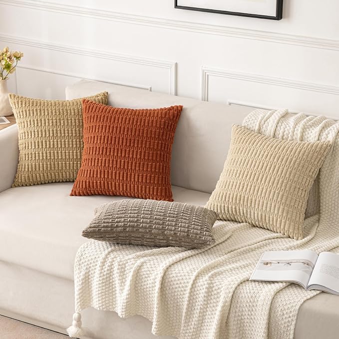MIULEE Corduroy Decorative Throw Pillow Covers 20x20 Tan Pack of 2 | Soft Neutral Boho Striped Pillow Covers Modern Farmhouse Home Decor For Sofa Living Room Couch Bed