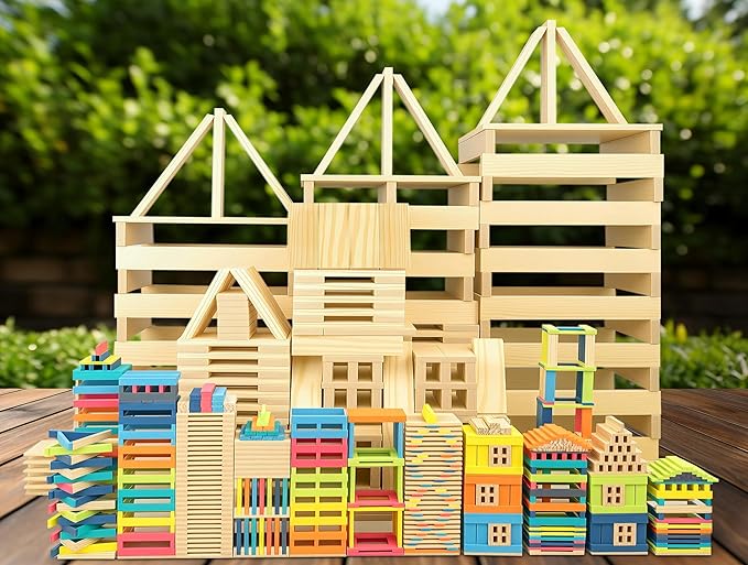 300pcs Open Ended Wooden Building Blocks for Kids 6.6lb, Natural Pine Rectangular Wood Building Toys，Construction Toys for Toddlers, STEM Building Set,Birthday Gift for Ages 3-8 (S 4.7"-Wood Color)