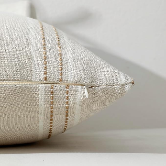 Hckot Tan Brown Throw Pillow Covers 22x22 Set of 2 Striped Pillow Covers | Farmhouse Decorative Pillows Textured Linen Square Cushion Covers for Sofa Couch Bed Living Room Decor(Tan)