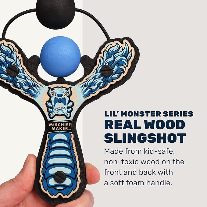 Mischief Maker® Wooden Slingshot - Lil’ Monster Series - Real Wood Slingshot for Kids, 4 Soft Foam Balls and Storage Bag - Ages 4+ (Blue)