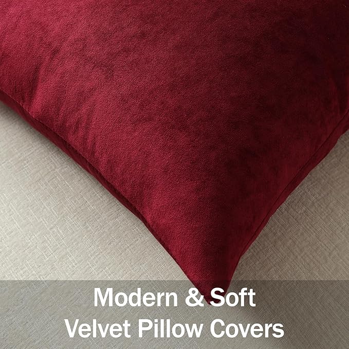 Euro Sham Covers 26x26 Wine Red: Pack of 2 Cozy Soft Velvet Square Modern Luxury Decorative Throw Pillow Cases for Christmas Sofa Couch Living Room Bed Home Decor