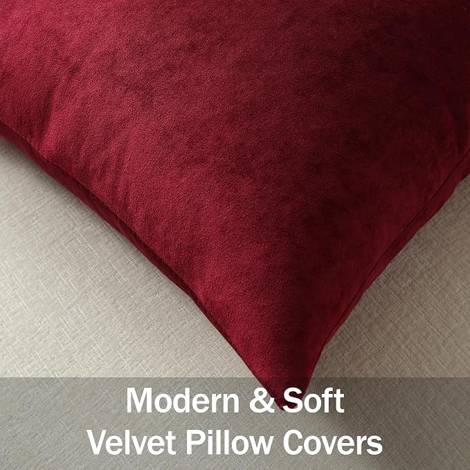 Throw Pillow Covers 22x22 Wine Red: Pack of 2 Cozy Soft Velvet Square Modern Luxury Decorative Throw Pillow Cases for Christmas Sofa Couch Living Room Bed Home Decor